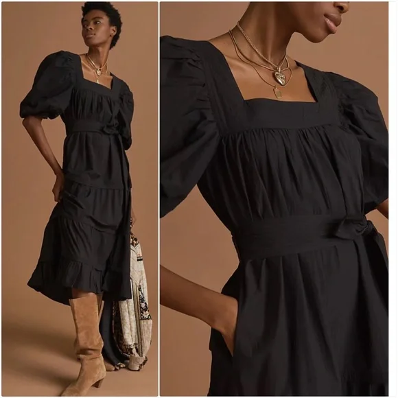 NWT ANTHROPOLOGIE LOVE THE LABEL PUFF SLEEVED MIDI DRESS IN BLACK